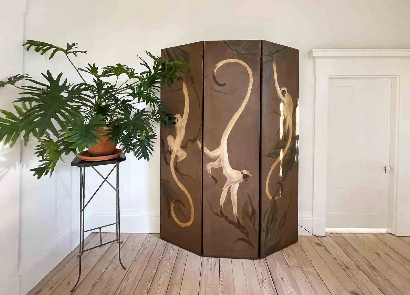 Folding Screen Large Antique Wooden Hand Painted - 9
