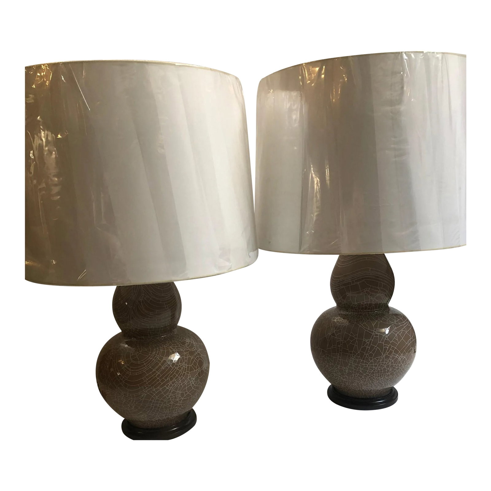 Early 21st Century John Thompson Large Ceramic Double Gourd Vase Table Lamps with Shades - a Pair: Freestyle patterned mocha and ivory crackle glaze on porcelain double gourd table lamps with ebony wood base, polished nickel fittings and nice shades by John Thomason Pottery. Excellent condition. Sh
