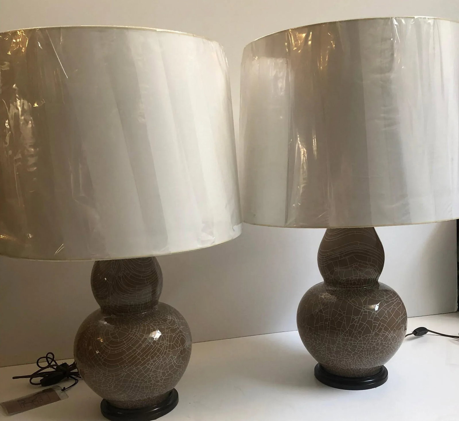 Early 21st Century John Thompson Large Ceramic Double Gourd Vase Table Lamps with Shades - a Pair - 2