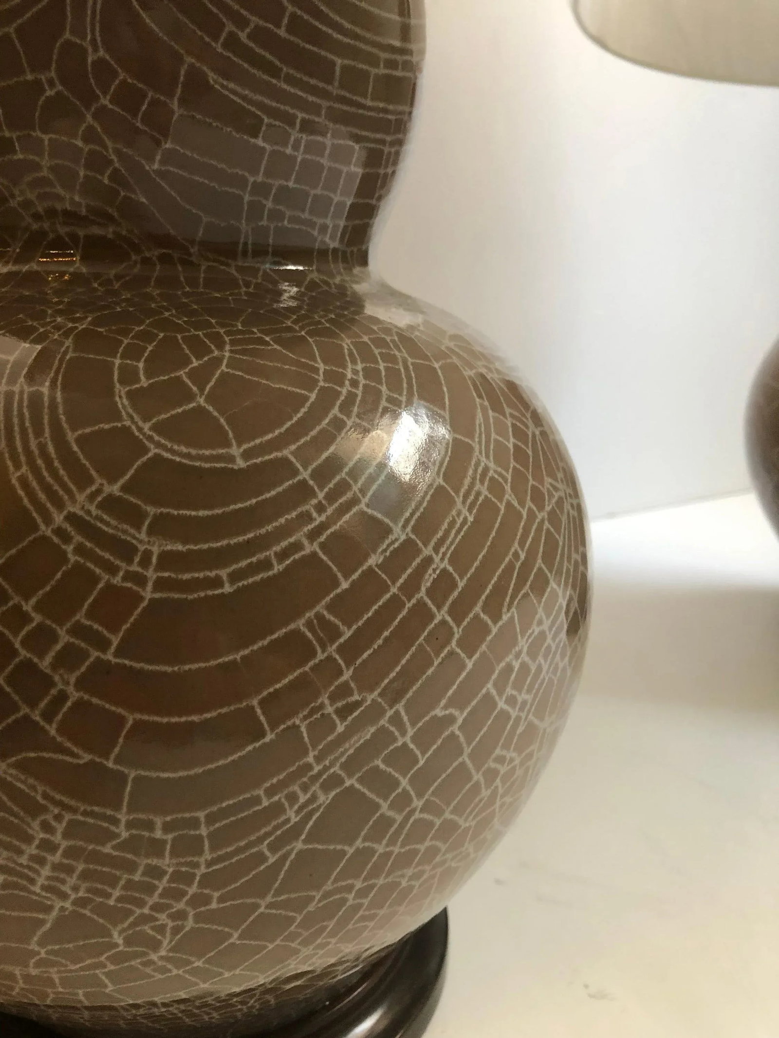 Early 21st Century John Thompson Large Ceramic Double Gourd Vase Table Lamps with Shades - a Pair - 5