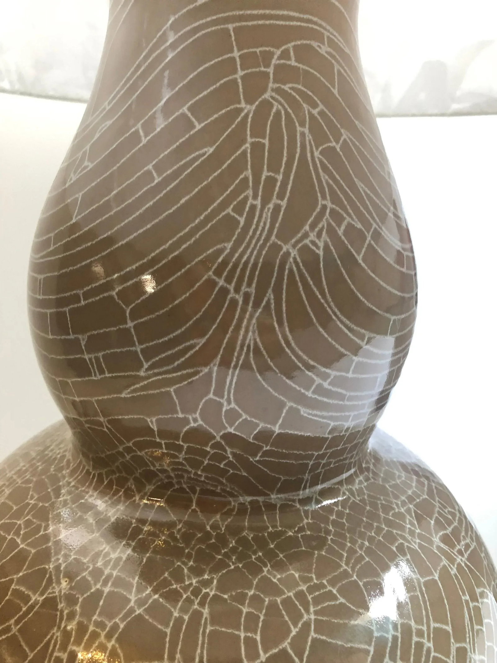 Early 21st Century John Thompson Large Ceramic Double Gourd Vase Table Lamps with Shades - a Pair - 8