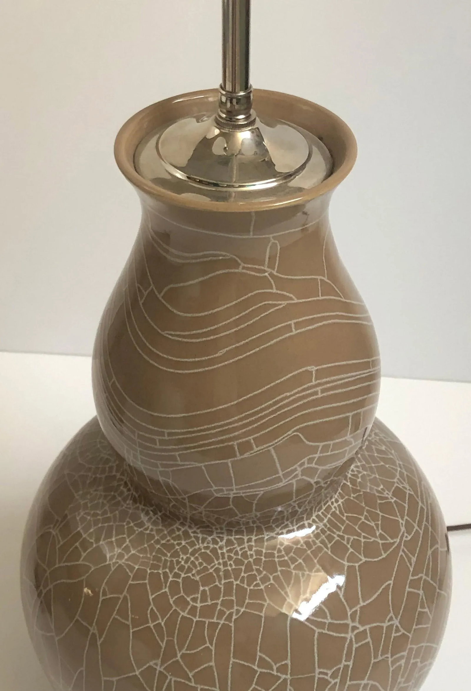 Early 21st Century John Thompson Large Ceramic Double Gourd Vase Table Lamps with Shades - a Pair - 9