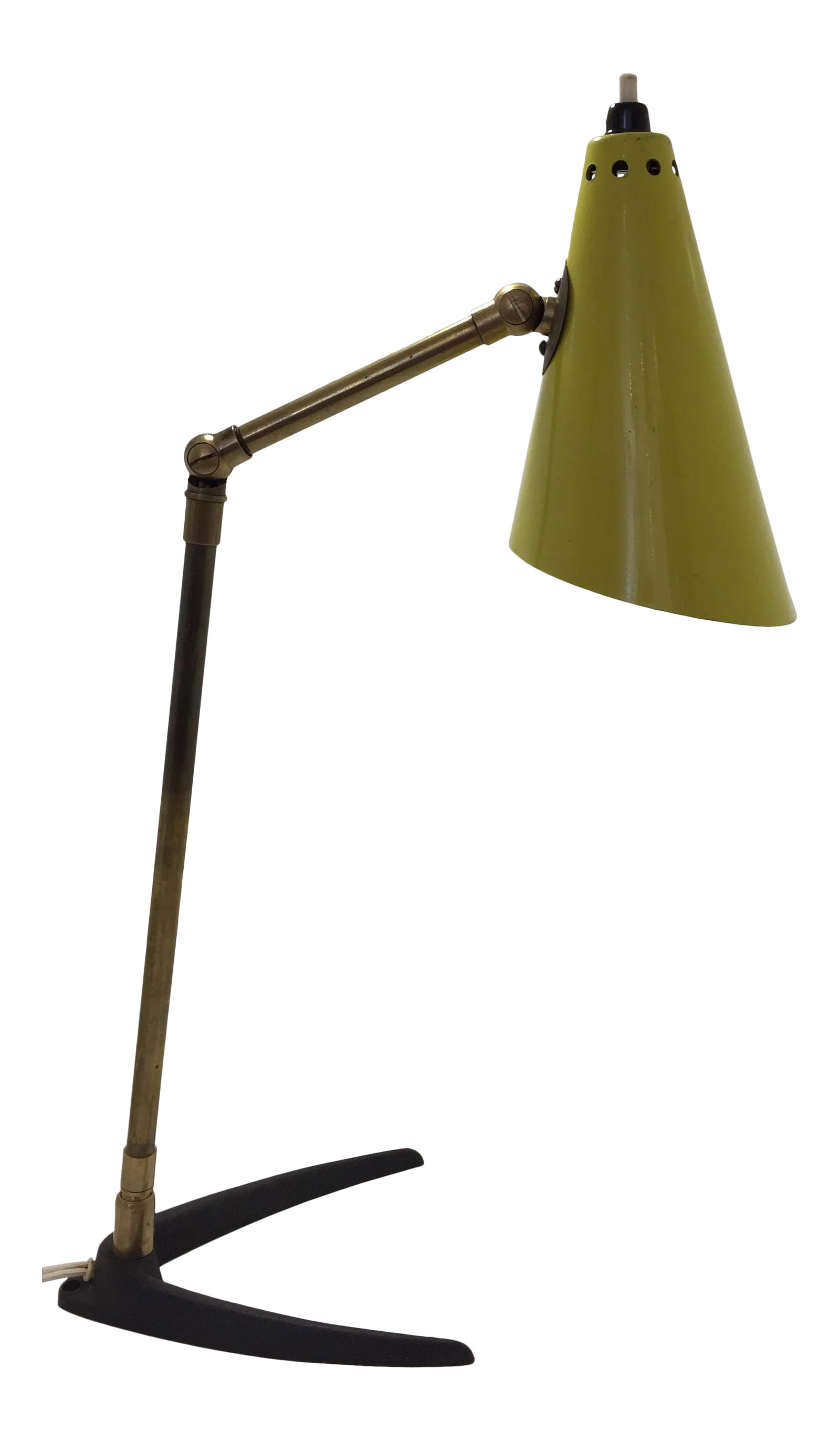 1950's Stilnovo Brass & Yellow Metal Desk Lamp: This 1950s Stilnovo desk lamp is the perfect blend of playful color, refined materials, and functional design. Featuring a vivid yellow lacquered metal shade, and a brass stem, this piece embodies