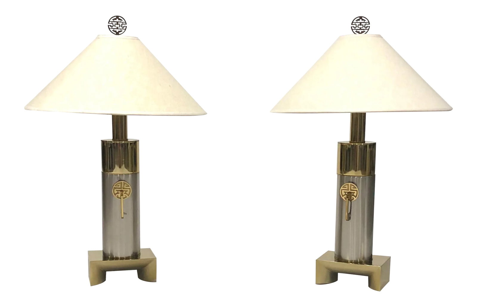 Laurel Brushed Chrome and Brass Asian Inspired Lamps - a Pair: Pair of brushed chrome and brass Asian inspired Laurel lamps circa 1970s The lamps are 34.75" high to top of finial, base is 8.5" wide and 6.25" deep The shade is 9.5" high and 23" in diameter at the 