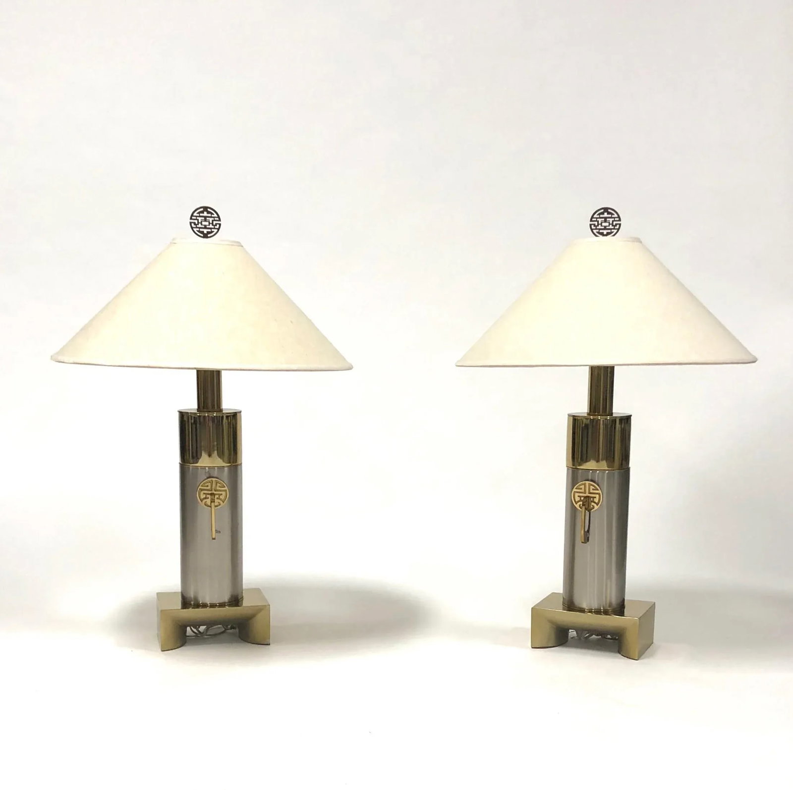Laurel Brushed Chrome and Brass Asian Inspired Lamps - a Pair - 5