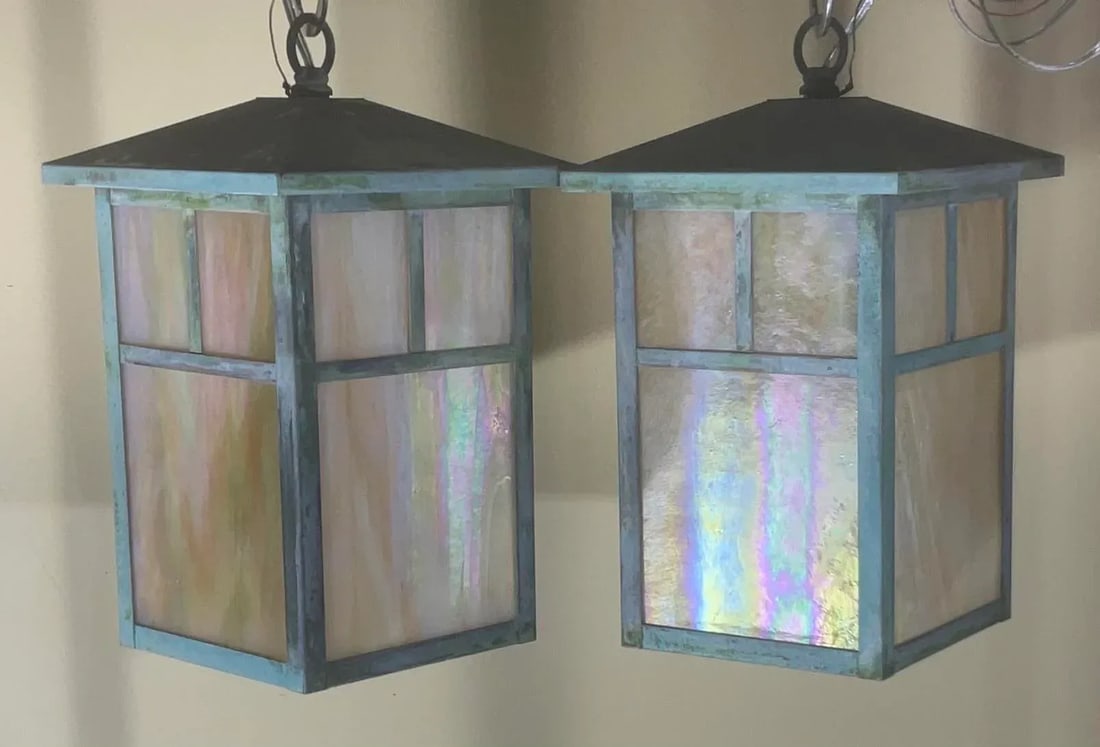 Arts & Crafts Brass Lantern Pendant Light With Art Glass - 10