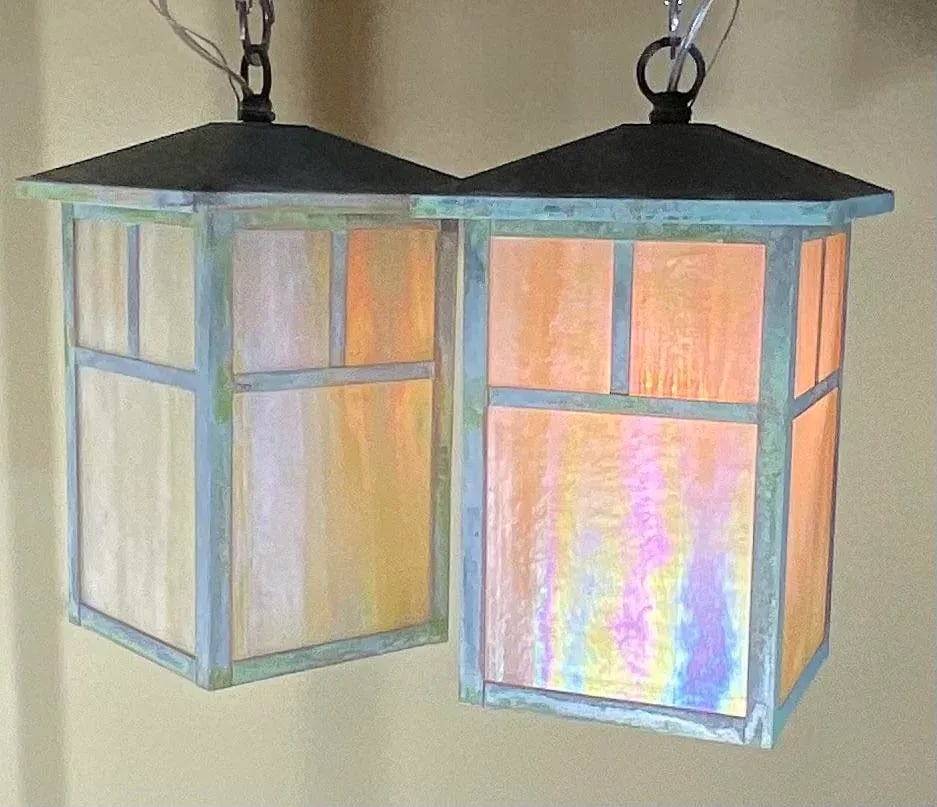 Arts & Crafts Brass Lantern Pendant Light With Art Glass - 11