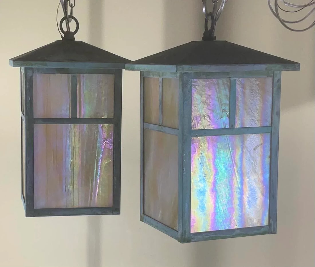 Arts & Crafts Brass Lantern Pendant Light With Art Glass - 12