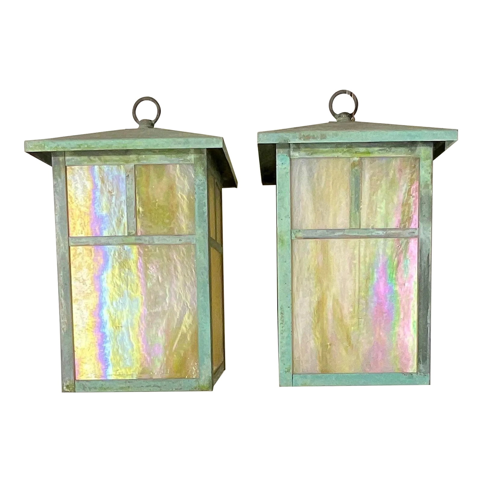 Arts & Crafts Brass Lantern Pendant Light With Art Glass: 20th century Arts & Crafts pendant light in a lantern design. Features textured beautiful art glass shades , one 60/watt light. Original nice patina. Canopy is not included. Will sale single light