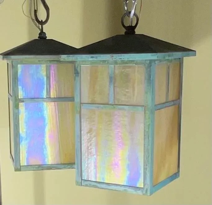 Arts & Crafts Brass Lantern Pendant Light With Art Glass - 3
