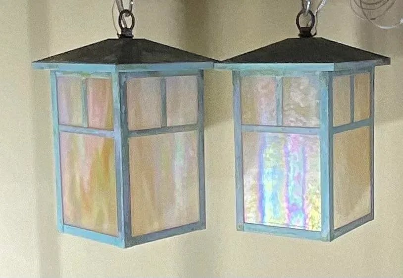 Arts & Crafts Brass Lantern Pendant Light With Art Glass - 5