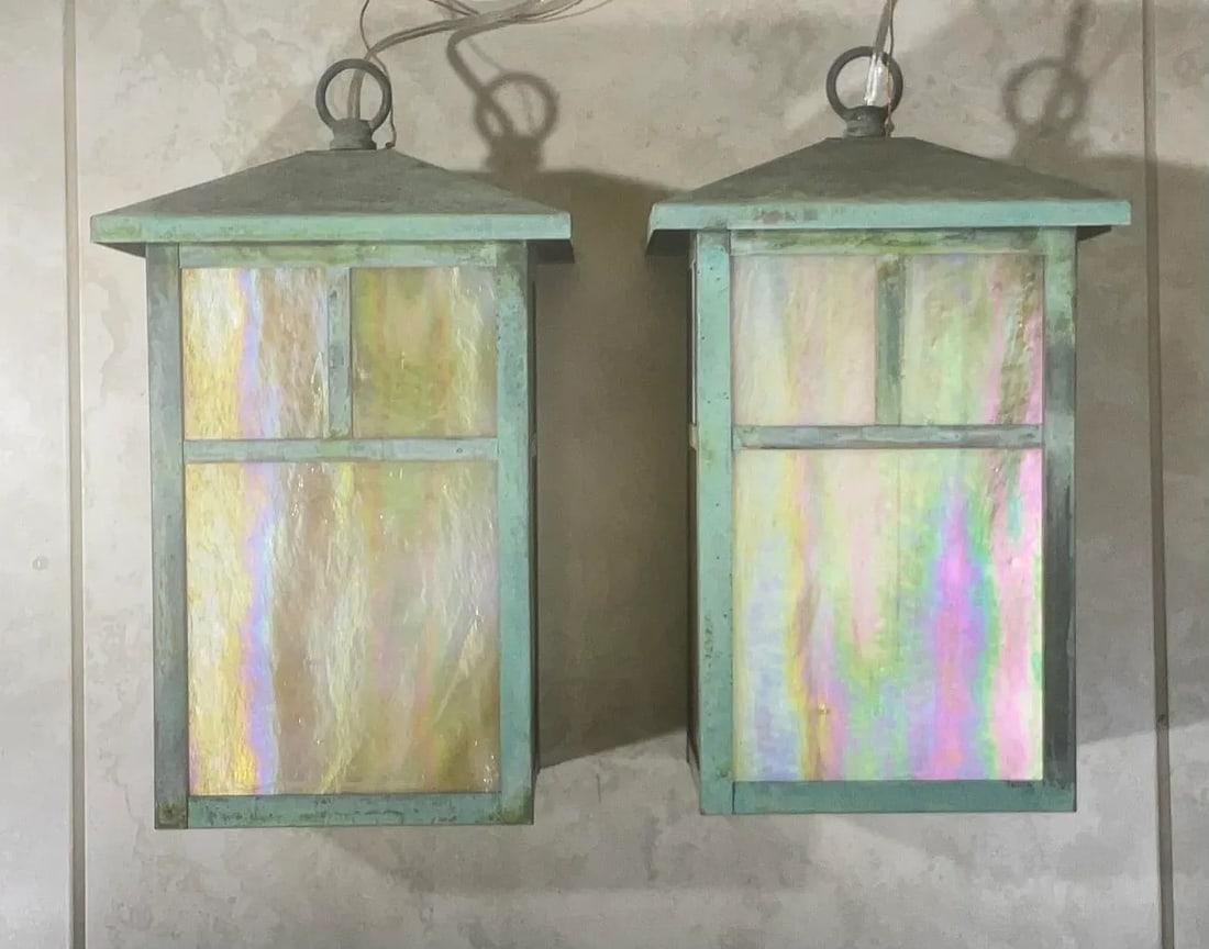 Arts & Crafts Brass Lantern Pendant Light With Art Glass - 7