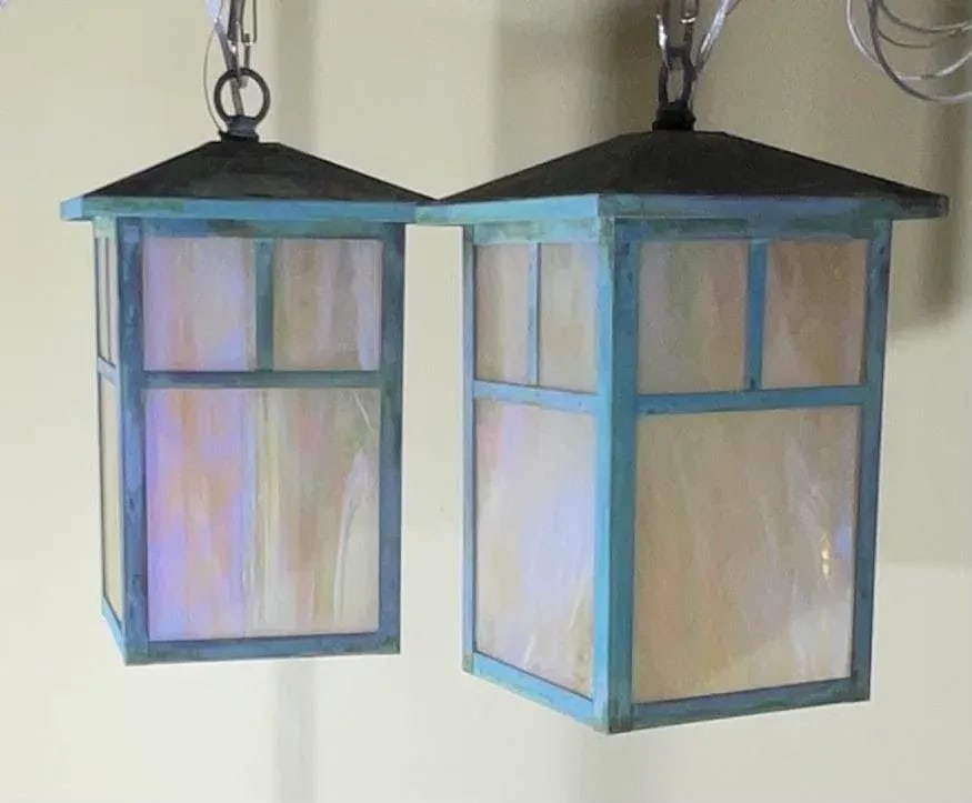 Arts & Crafts Brass Lantern Pendant Light With Art Glass - 8