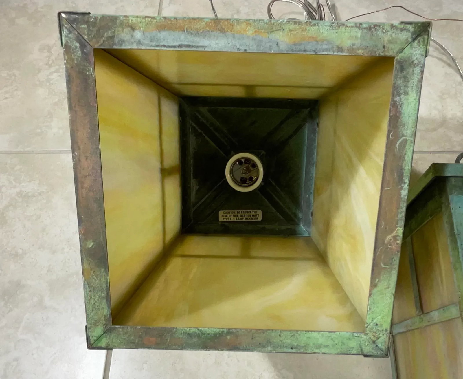 Arts & Crafts Brass Lantern Pendant Light With Art Glass - 9