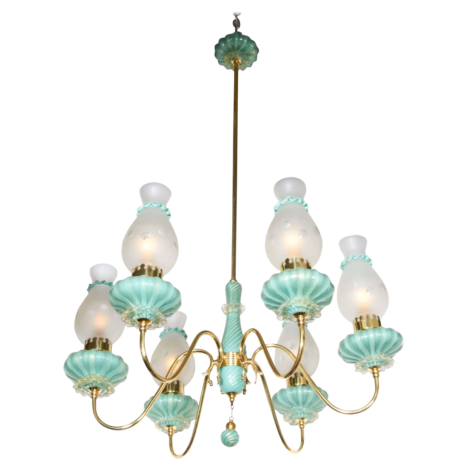 1950s Italian Six-Arm Chandelier Glass Attributed to Seguso Vetri d'Arte: Italian 1950s six-arm chandelier, brass mount with handblown turquoise aventurine glass and complementary handblown and etched polka dot frosted glass shades. Glass attributed to Seguso Vetri d'Arte. 