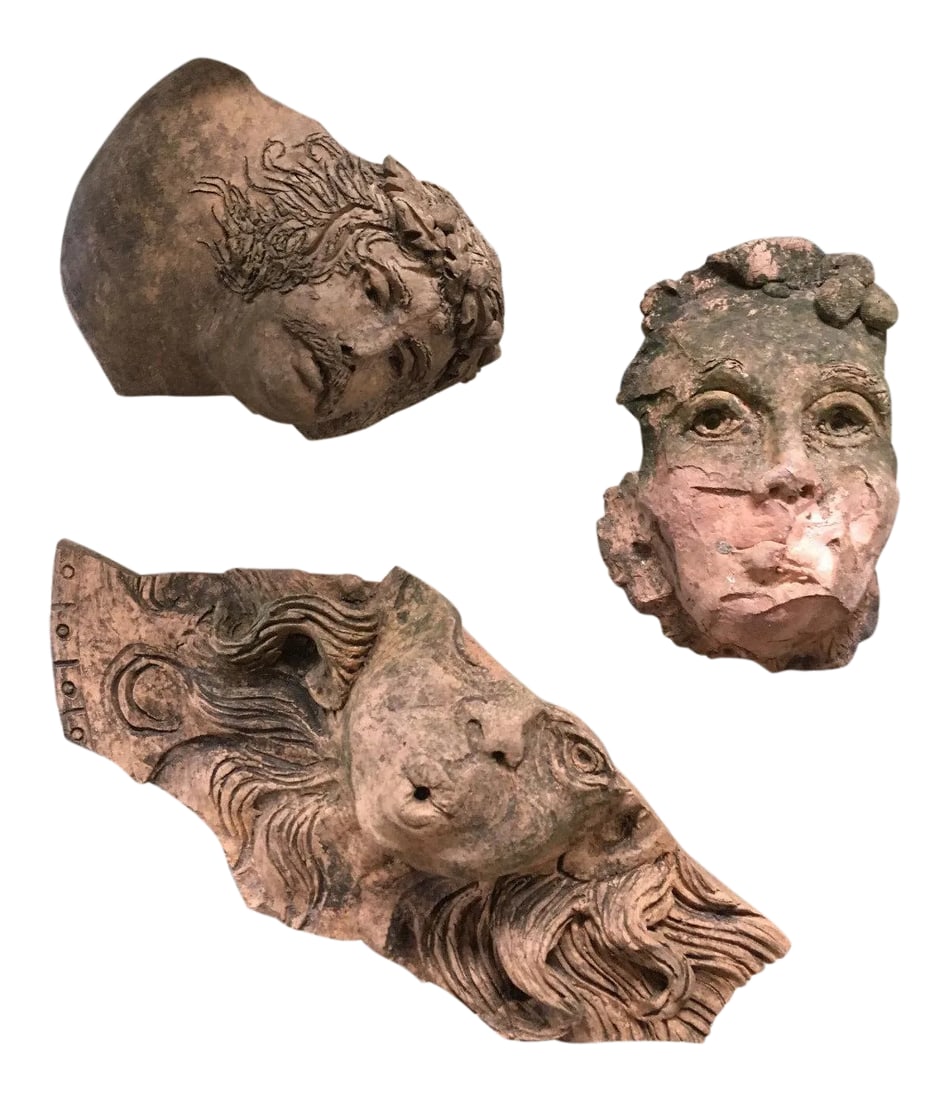 1930s Vintage Art Nouveau Neo Classic Architectural Faces Pottery Fragments- Set of 3: Vintage Mid Century Neo Classic architectural (Greek?) Pottery fragments. Rare and amazing find. Set of 3. Not sure of the age or origin of these pieces. From an estate of the former grand rapids art 