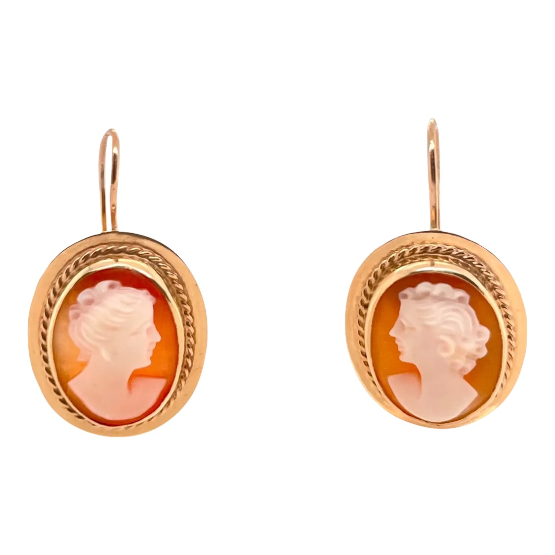Vintage 14k Gold Victorian Style Cameo Pierced Earrings - 2 Pieces: This is part of Chairish's Fine Jewelry assortment. This a fine pair of carved shell cameo earrings mounted in 14K gold with French wires and hooks for pierced ears. The earrings each have the