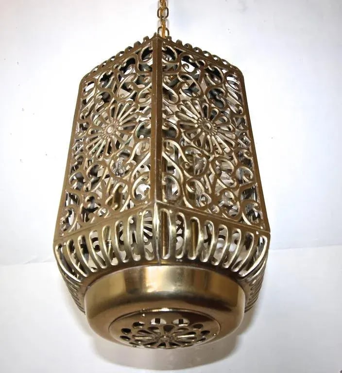 1950s Vintage Japanese Pierced Filigree Brass Ceiling Pendant - 10