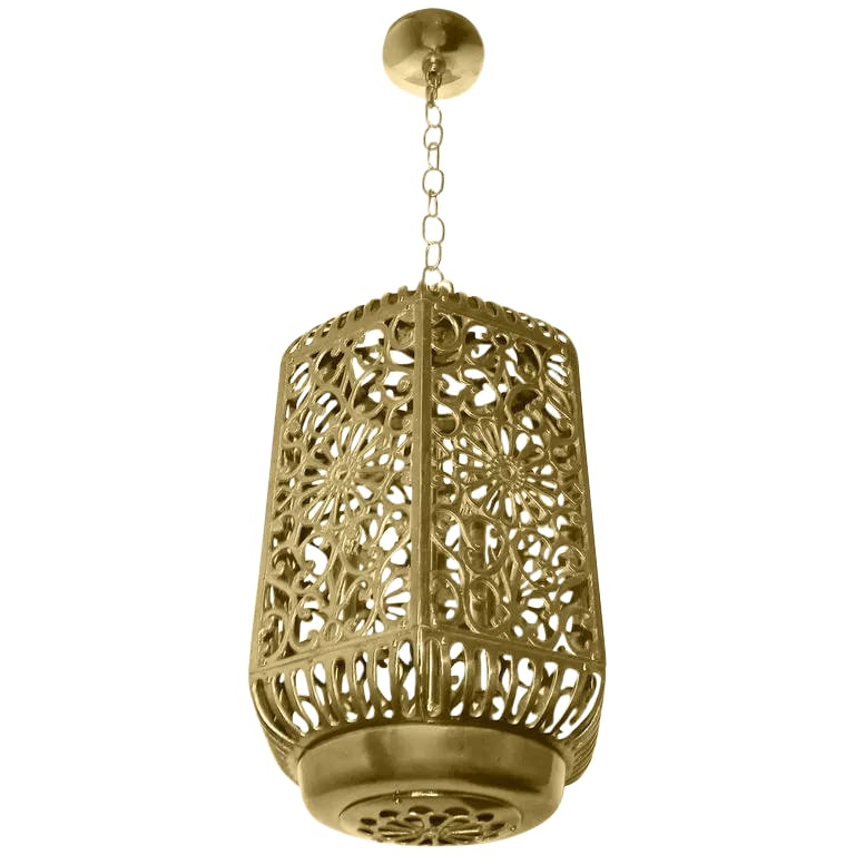1950s Vintage Japanese Pierced Filigree Brass Ceiling Pendant: This is a large and high quality filigree brass ceiling or pendant light with "karakusa" scrolling arabesque patterns and an imperial chrysanthemum motif. Handcrafted from thick solid brass in Japan