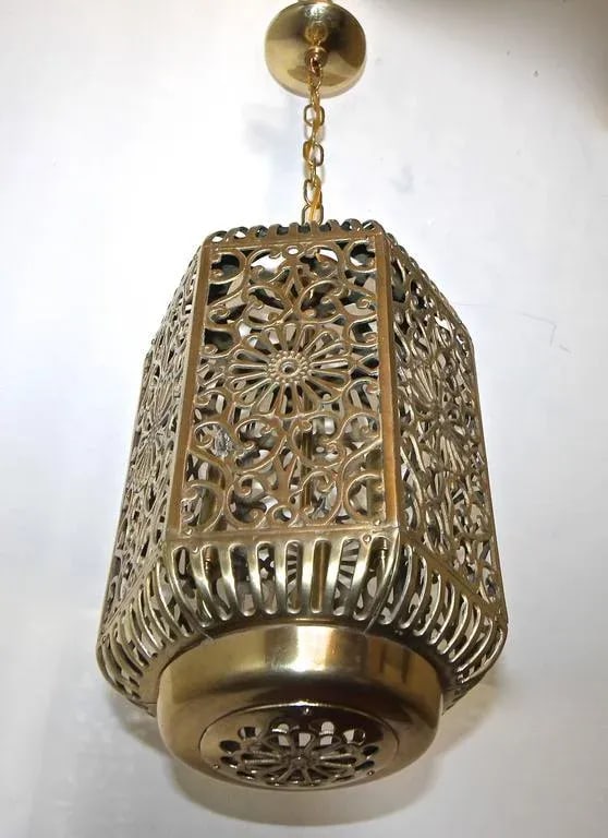 1950s Vintage Japanese Pierced Filigree Brass Ceiling Pendant - 2