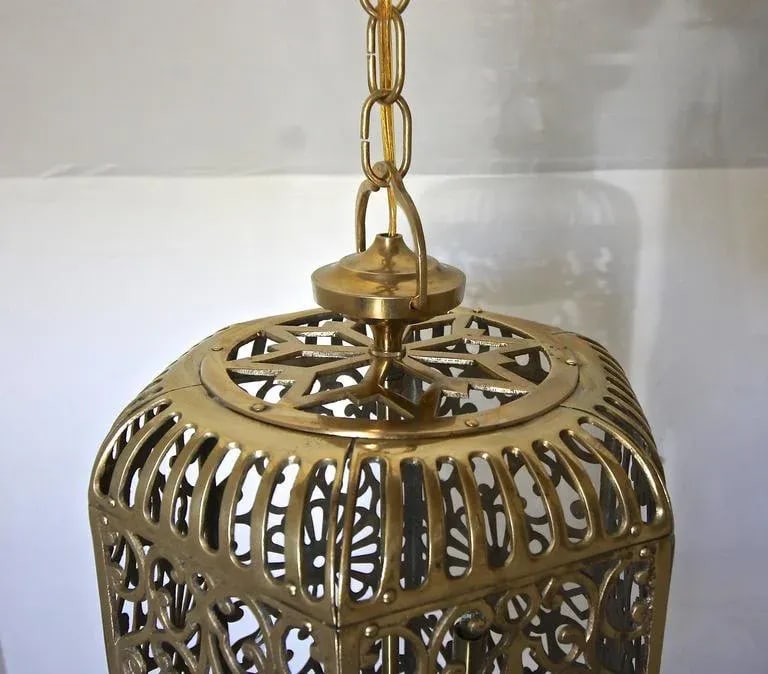 1950s Vintage Japanese Pierced Filigree Brass Ceiling Pendant - 9