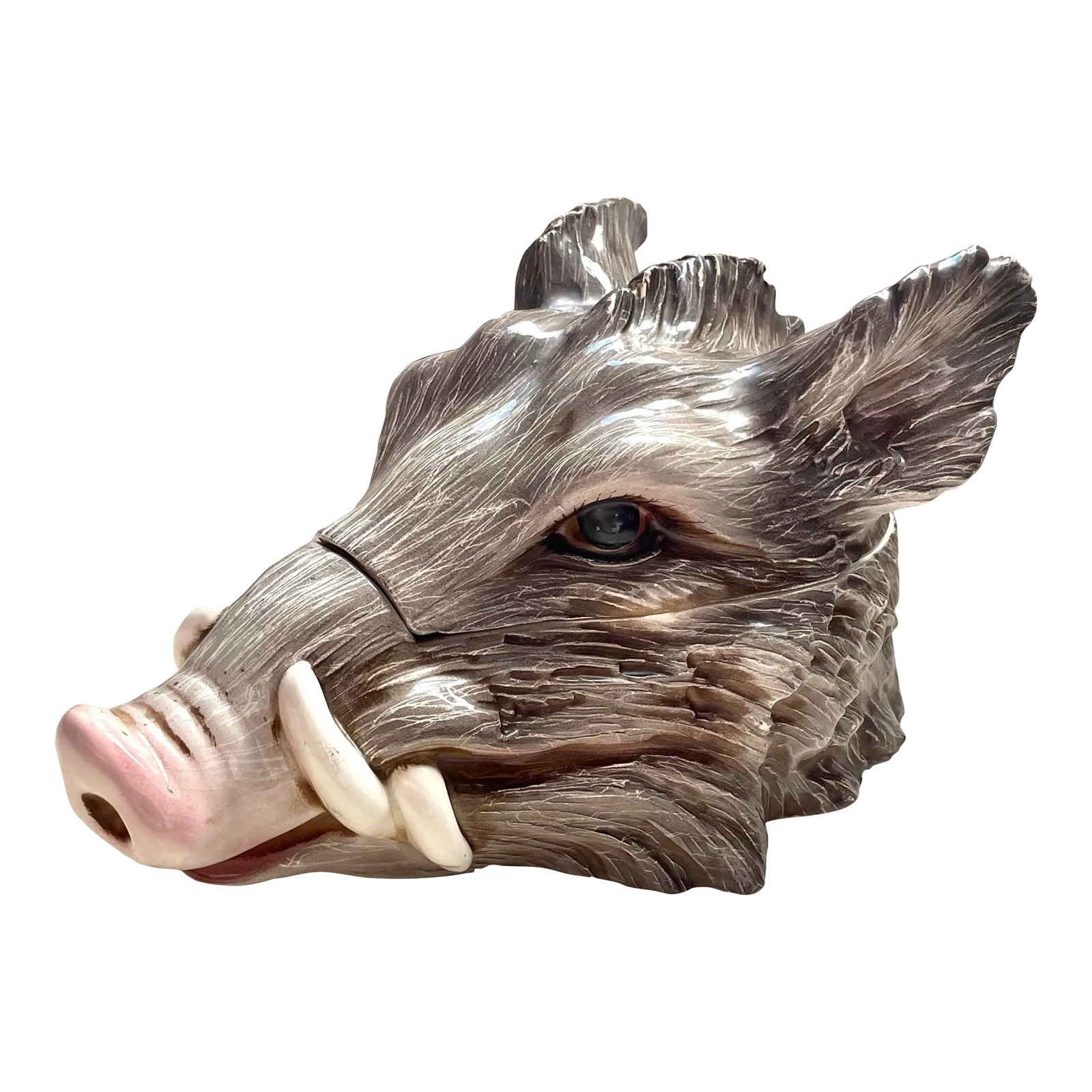 Italian Majolica Boars Head Tureen: This large tureen could be used for anything from soups to stews!! It's in the form of a wild boars head and has brown and grey coloring with realistic eyes. Fantastic for game dinners or winter