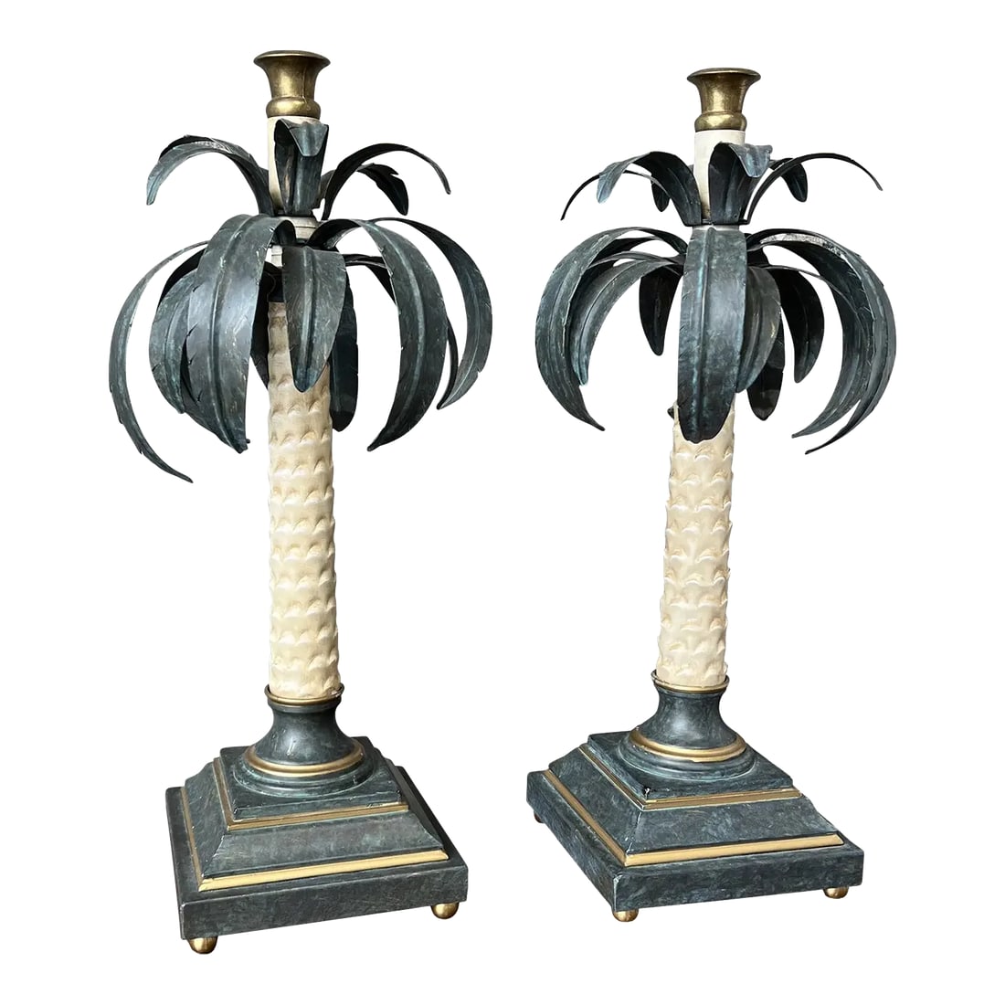1990s Italian Hand-Painted Palm Tree Candlesticks - Set of 2 (1 of 12)