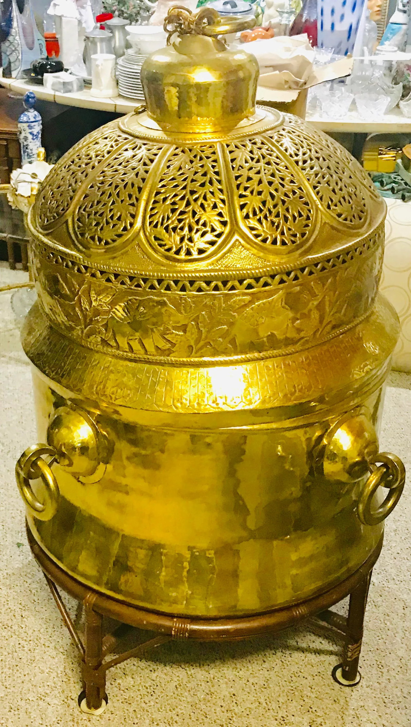 1960s Morrocan Brass Chandelier and Planter - 2 Piece Set 52'' - 2