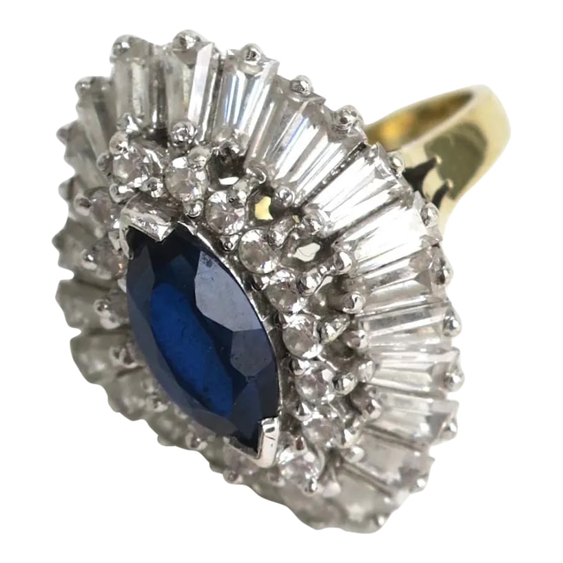 Cocktail Ring Faux Diamonds and Sapphire, Circa 1960s: This is part of Chairish's Costume Jewelry assortment. An impressive vintage cocktail ring attributed to/in the style of designer Benedetto Panetta, circa mid-20th century, 1960s. This cocktail ring i
