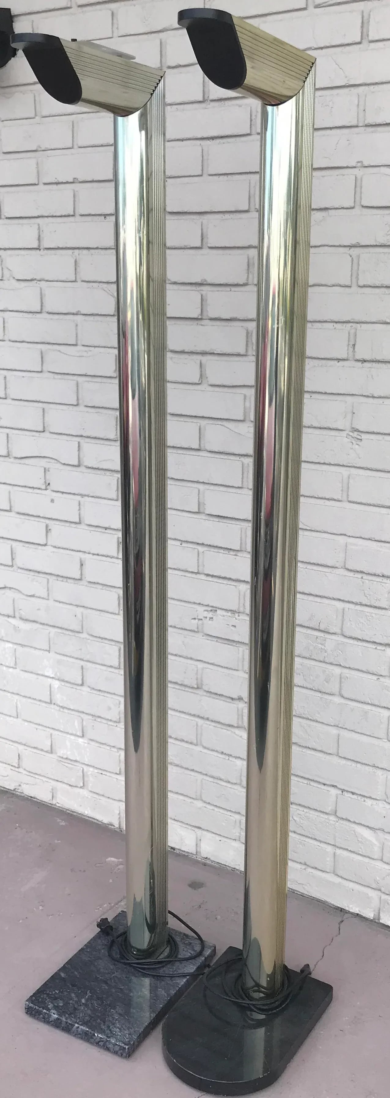 1970s Mid Century Modern Gold Floor Lamps on Black Marble Bases - a Pair - 3
