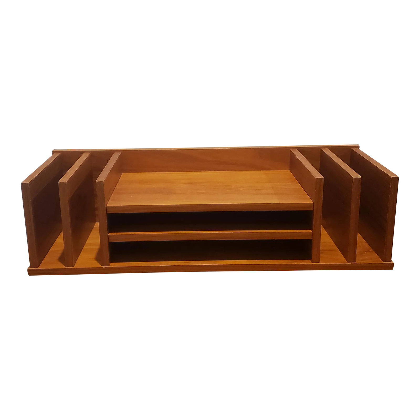 Vintage 1960's Danish Mid-Century Modern Teak Desk Organizer by Georg Petersens for Mobilfabrik: Vintage 1960's, Danish MCM teak desk organizer. Attributed to Georg Petersens for Mobilfabrik, This attractive piece is minimalist in design, utilizing beautiful teak veneer which was a very common