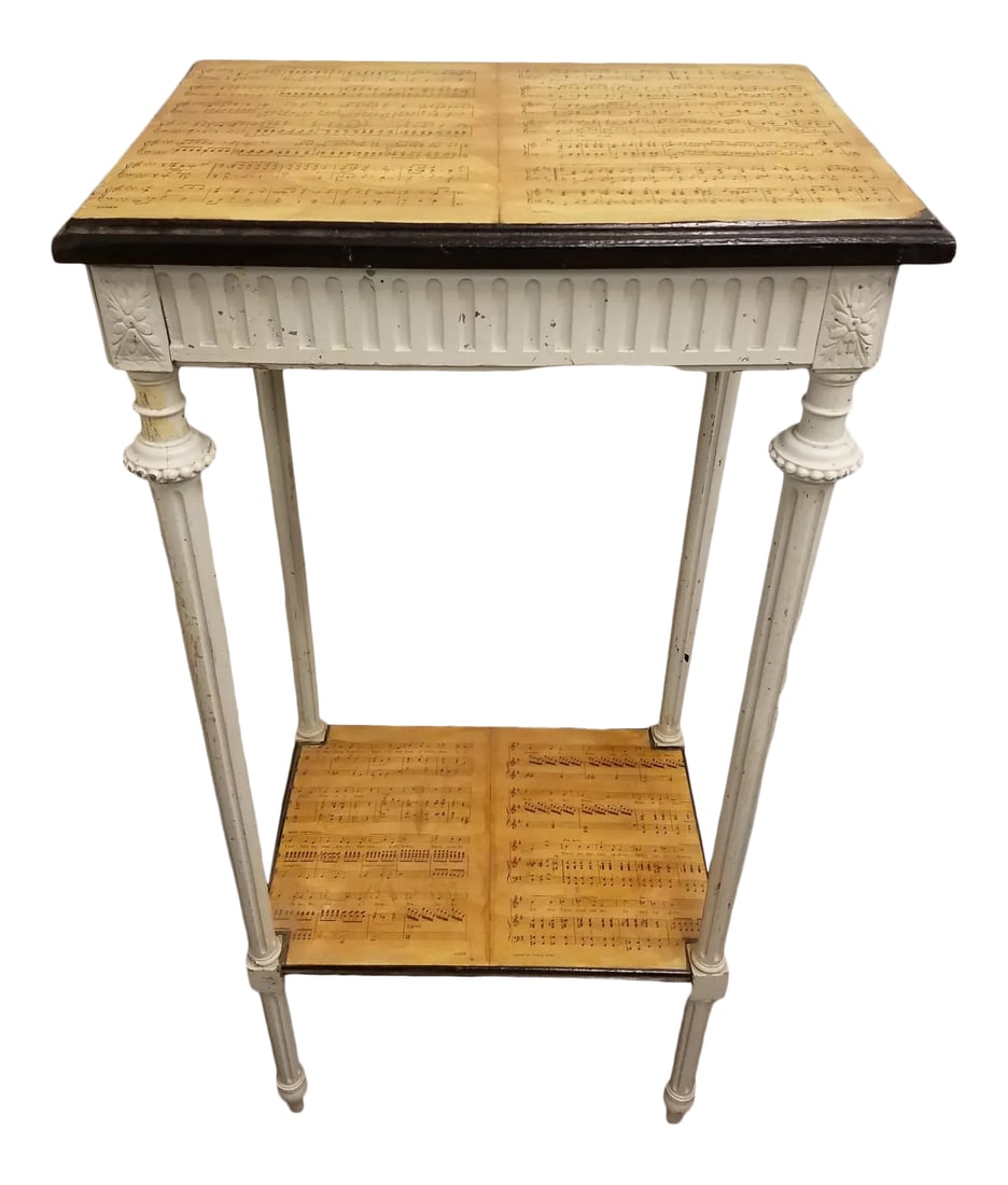 19th Century Country Decoupaged Sheet Music Plant Stand: Originally, this piece was likely used as a plant stand or a stand to display a vase or piece of art. The artist who decoupaged this piece lives in southern England. Because the stand is an antique, i
