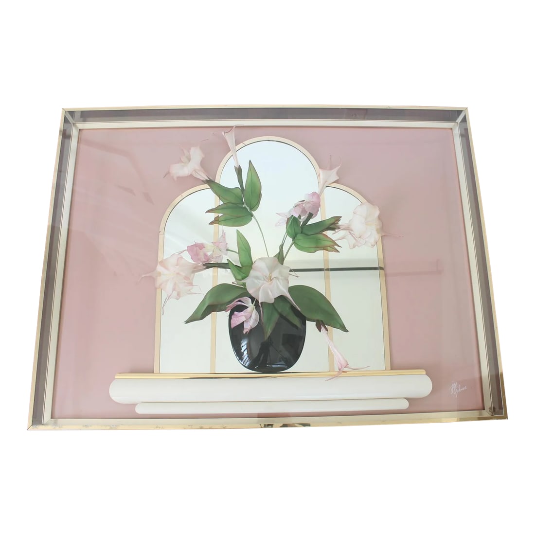 Vintage 80's Jon Gilmore Wall Art: Beautiful vintage Jon Gilmore 3D shadow box art from the 80's. Pink flowers in a black vase set against Art Deco mirrors on a pink background. Measurements: 35.5" Height 47.5" Width 4.25" Depth Condit