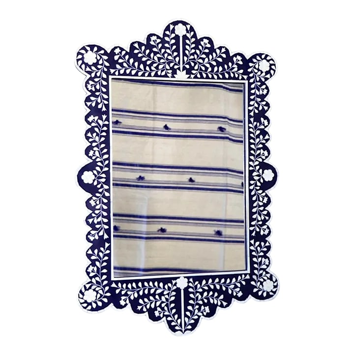 Contemporary Tangier Dark Blue Bone Inlay Mirror: This Indian bone mirror, with its intricate floral and leaf patterns in white against a contrasting dark blue frame. The design typically features a mix of Mughal and traditional Indian motifs, which
