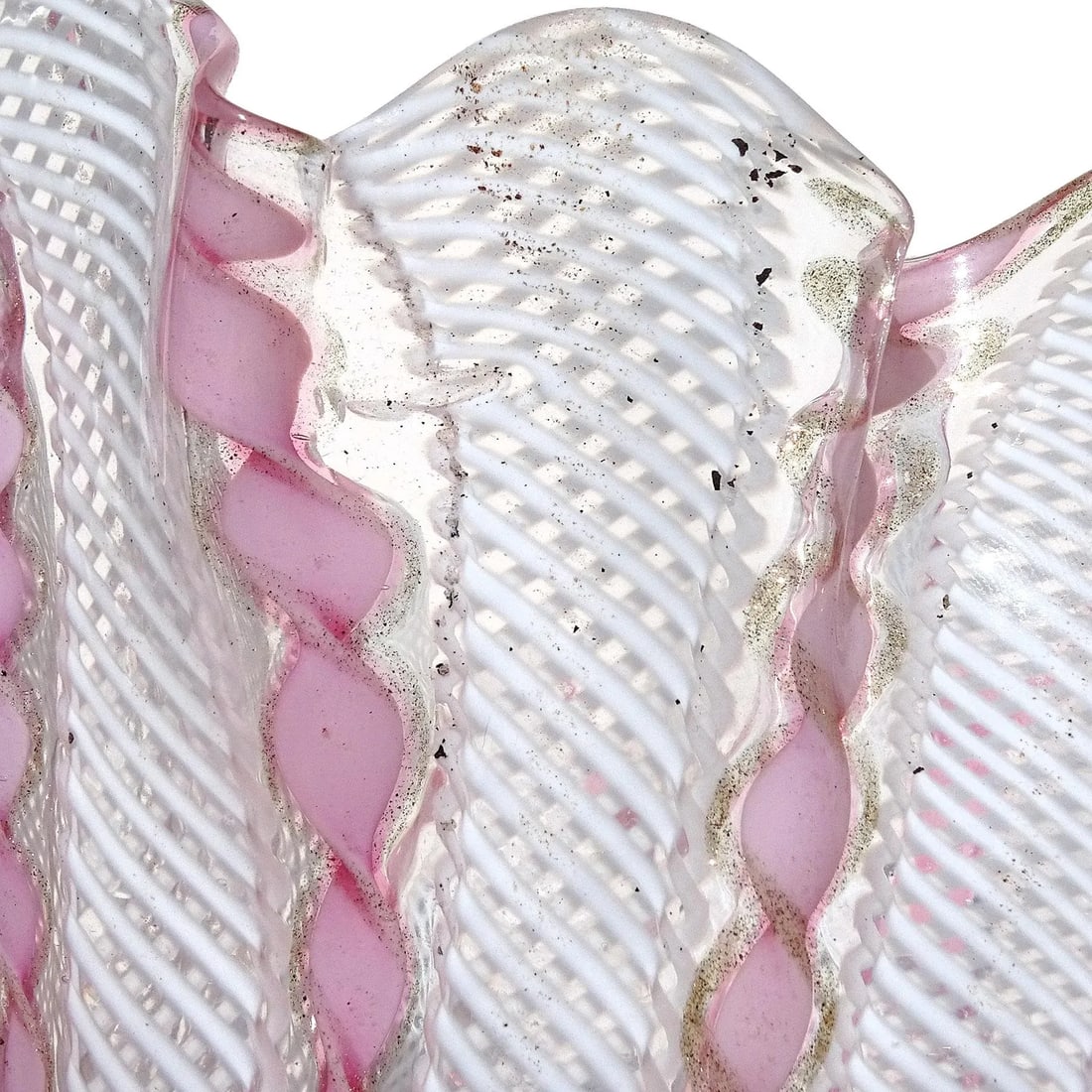 Vintage Murano, Style of Venini, Pink Aventurine Flecks White Zanfirico Ribbons Italian Art Glass Fa - 10