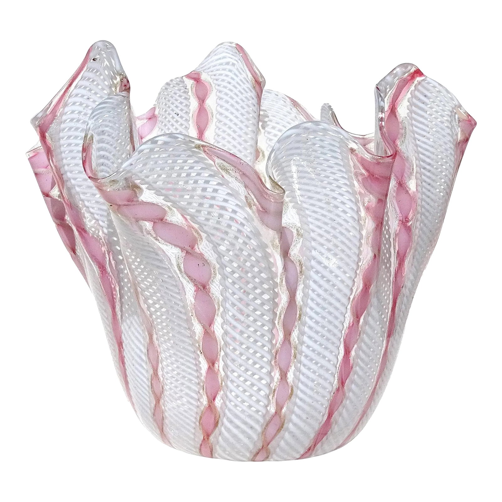Vintage Murano, Style of Venini, Pink Aventurine Flecks White Zanfirico Ribbons Italian Art Glass Fa: Beautiful vintage Murano hand blown pink, white, and aventurine ribbons Italian art glass handkerchief / fazzoletto vase. Created in the manner of Venini and the Fratelli Toso company. The vase is mad