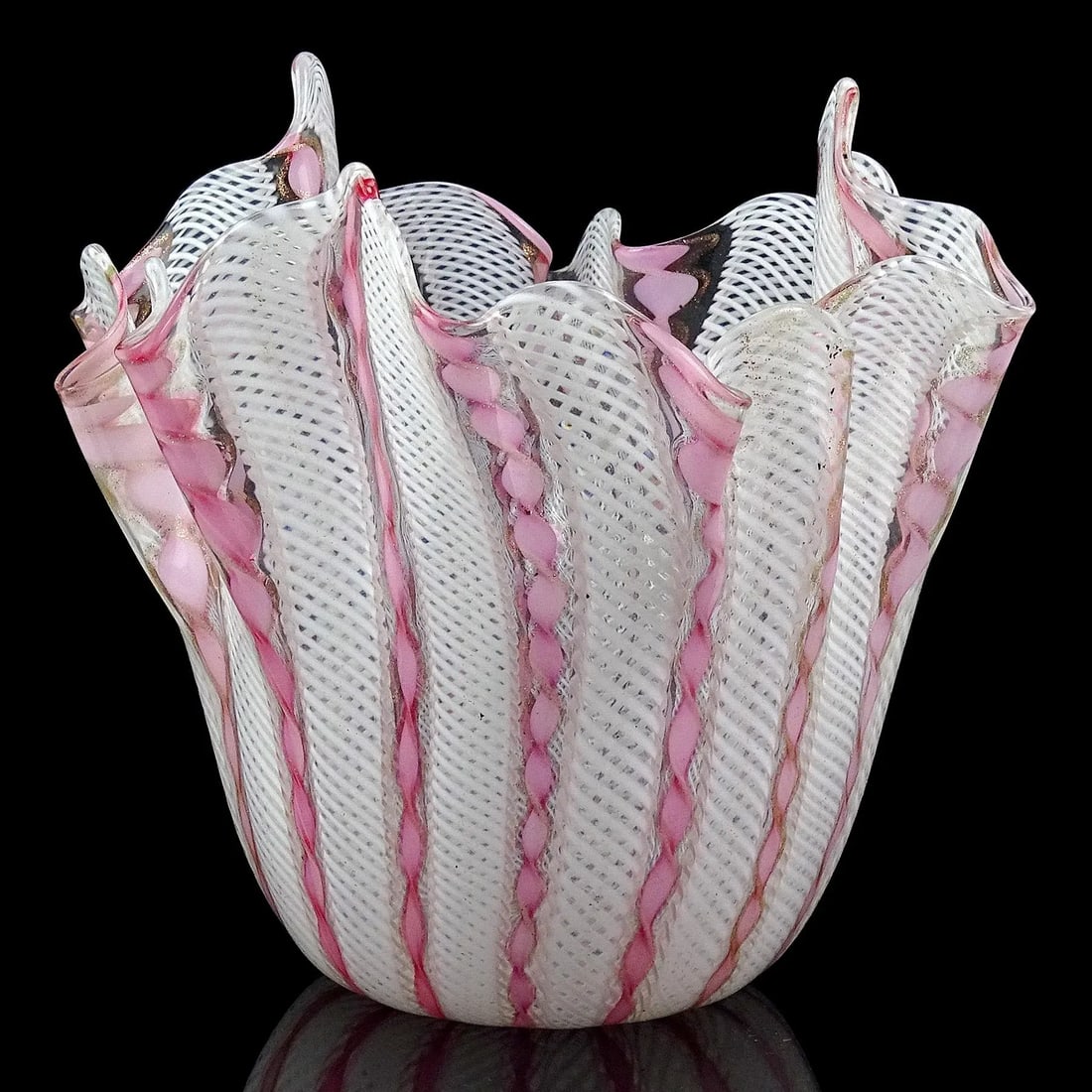 Vintage Murano, Style of Venini, Pink Aventurine Flecks White Zanfirico Ribbons Italian Art Glass Fa - 2