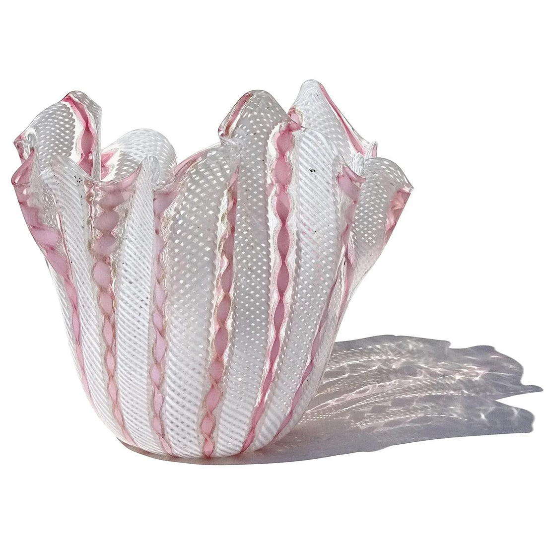 Vintage Murano, Style of Venini, Pink Aventurine Flecks White Zanfirico Ribbons Italian Art Glass Fa - 3