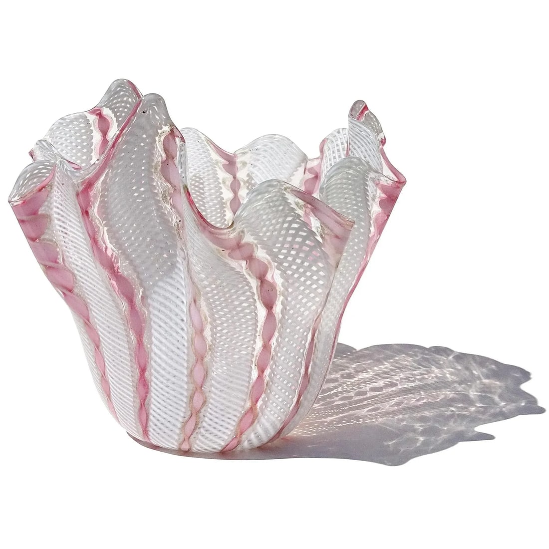 Vintage Murano, Style of Venini, Pink Aventurine Flecks White Zanfirico Ribbons Italian Art Glass Fa - 4