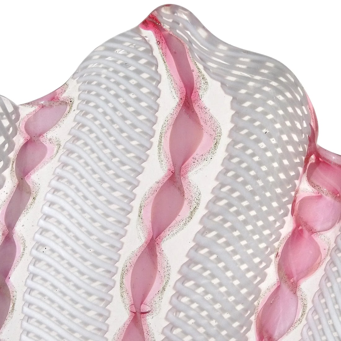 Vintage Murano, Style of Venini, Pink Aventurine Flecks White Zanfirico Ribbons Italian Art Glass Fa - 5