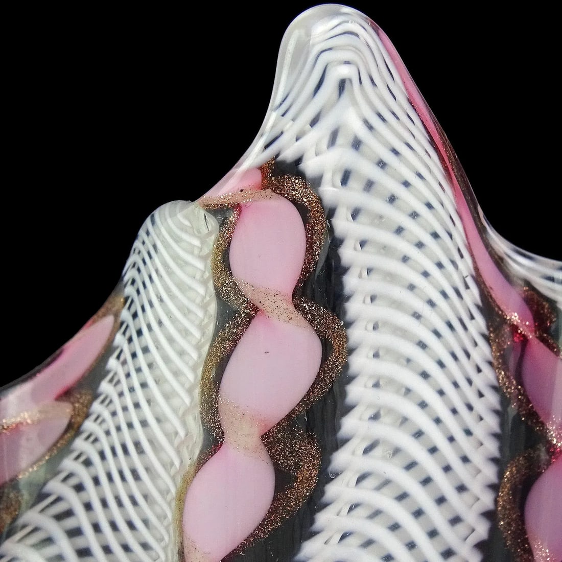 Vintage Murano, Style of Venini, Pink Aventurine Flecks White Zanfirico Ribbons Italian Art Glass Fa - 6