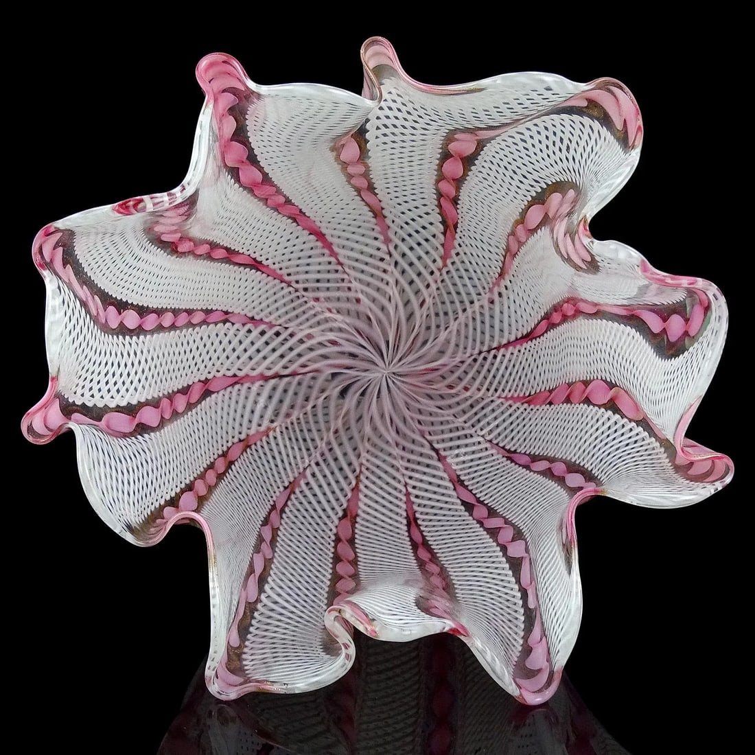 Vintage Murano, Style of Venini, Pink Aventurine Flecks White Zanfirico Ribbons Italian Art Glass Fa - 8