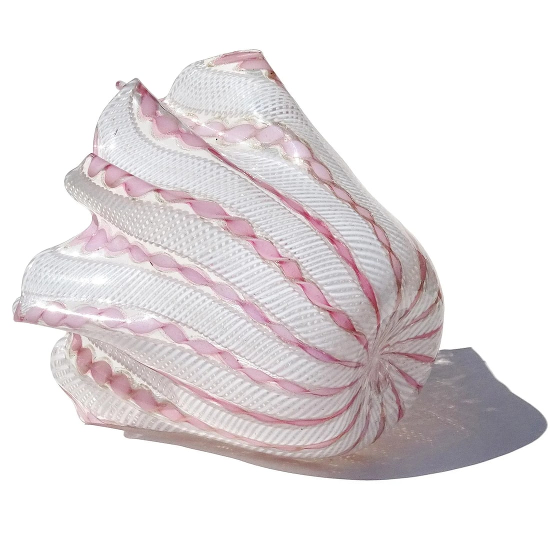 Vintage Murano, Style of Venini, Pink Aventurine Flecks White Zanfirico Ribbons Italian Art Glass Fa - 9
