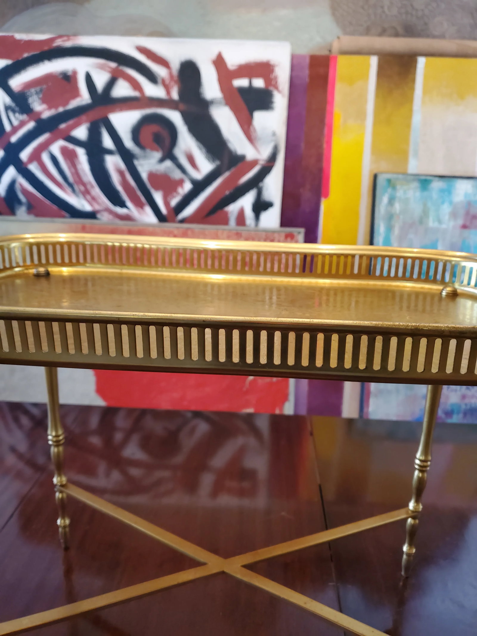 Vintage Mid Century Modern Triple Gold Plated Tray With X Base - 2