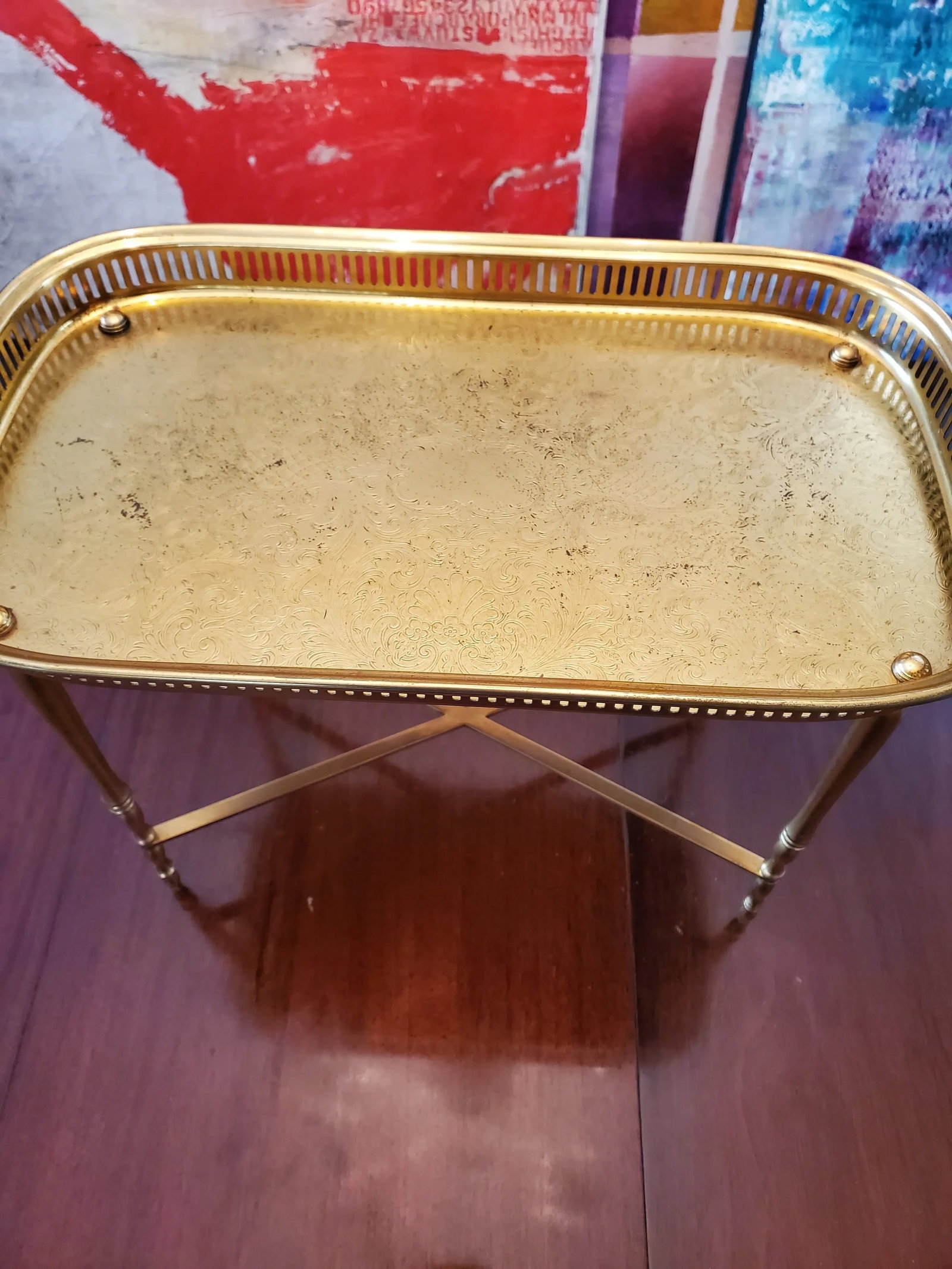 Vintage Mid Century Modern Triple Gold Plated Tray With X Base - 3