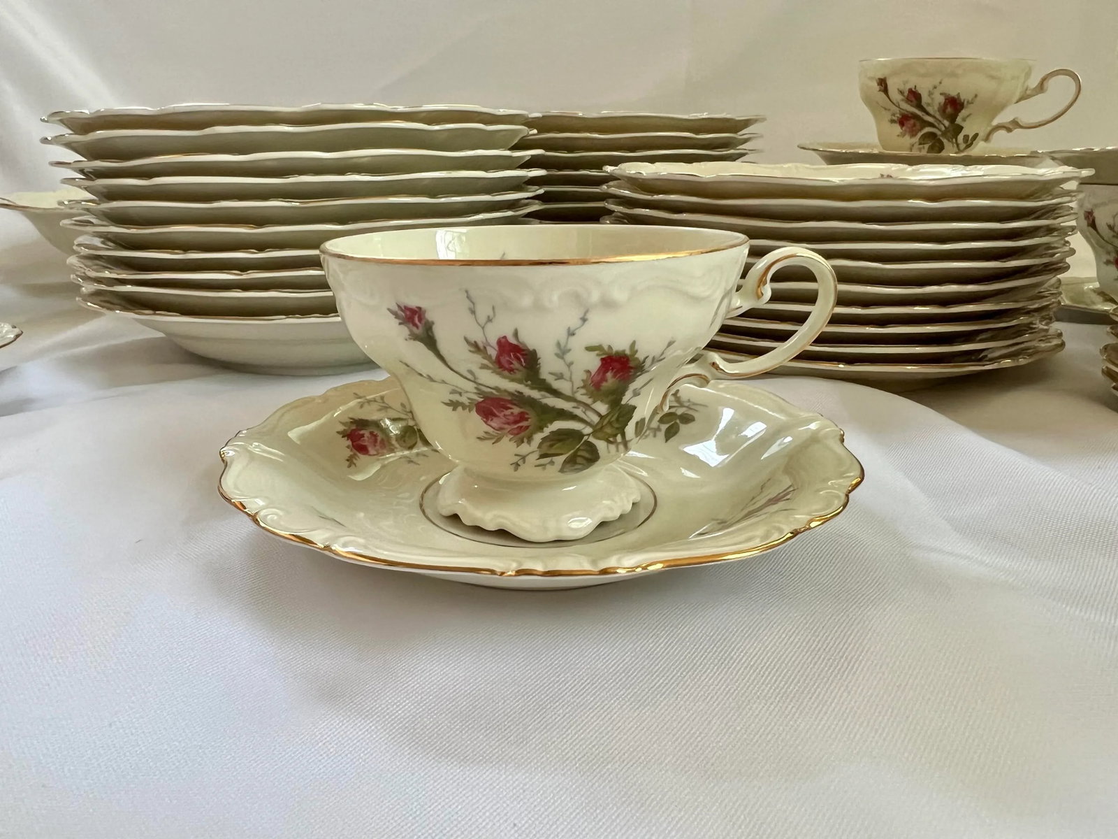 Late 20th Century Vintage Rosenthal Germany Pompadour Moss Rose 74-Piece Dinnerware Set - Service fo - 8