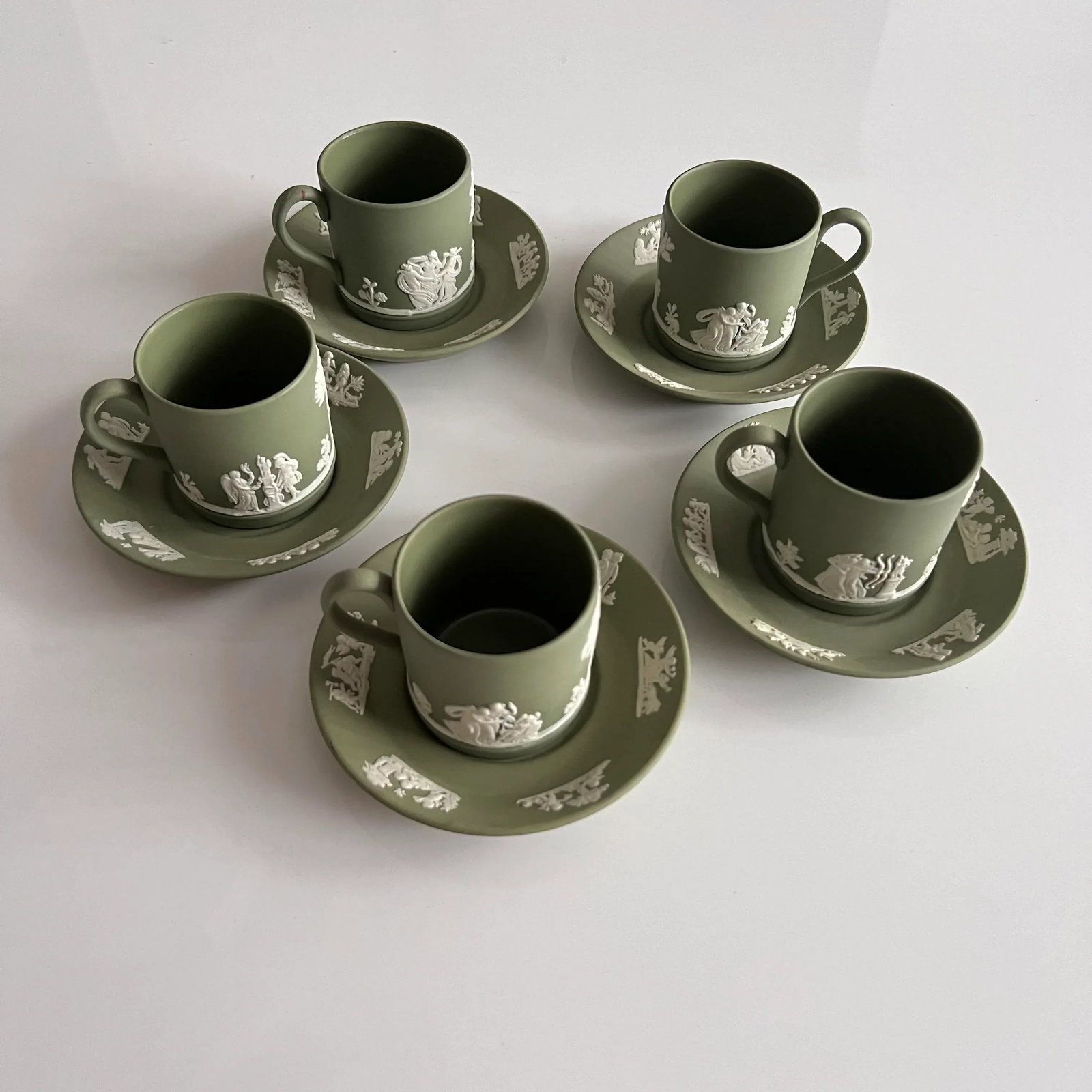 Vintage Wedgwood Sage Green Jasperware Demitasse Espresso Coffee Cups and Saucers for 5 Servings, Se - 12