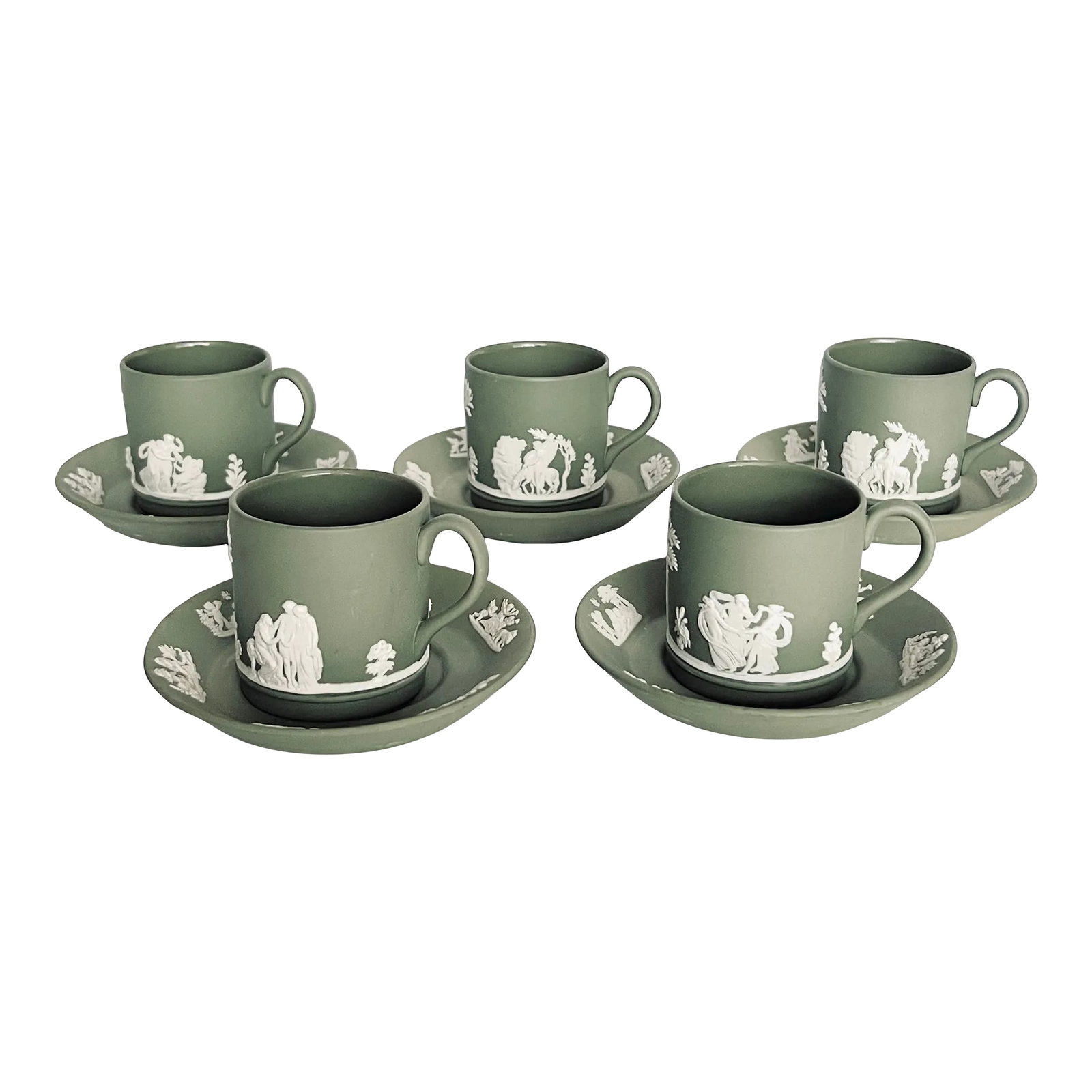 Vintage Wedgwood Sage Green Jasperware Demitasse Espresso Coffee Cups and Saucers for 5 Servings, Se: Vintage Mid Century by Wedgwood England sage Green Jasperware Demitasse Espresso Coffee Cups and Saucers for 5 Servings, Set of 10 Pieces. Glazed on the inside, matte on the outside. Bas relief