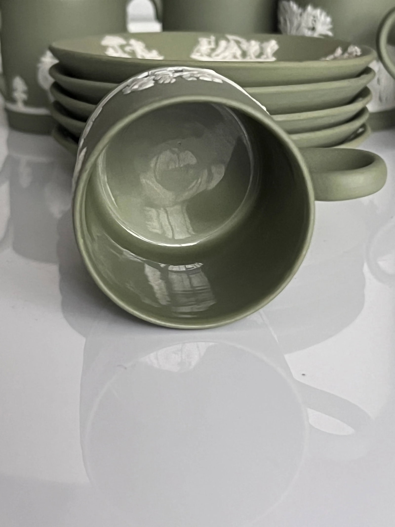Vintage Wedgwood Sage Green Jasperware Demitasse Espresso Coffee Cups and Saucers for 5 Servings, Se - 6