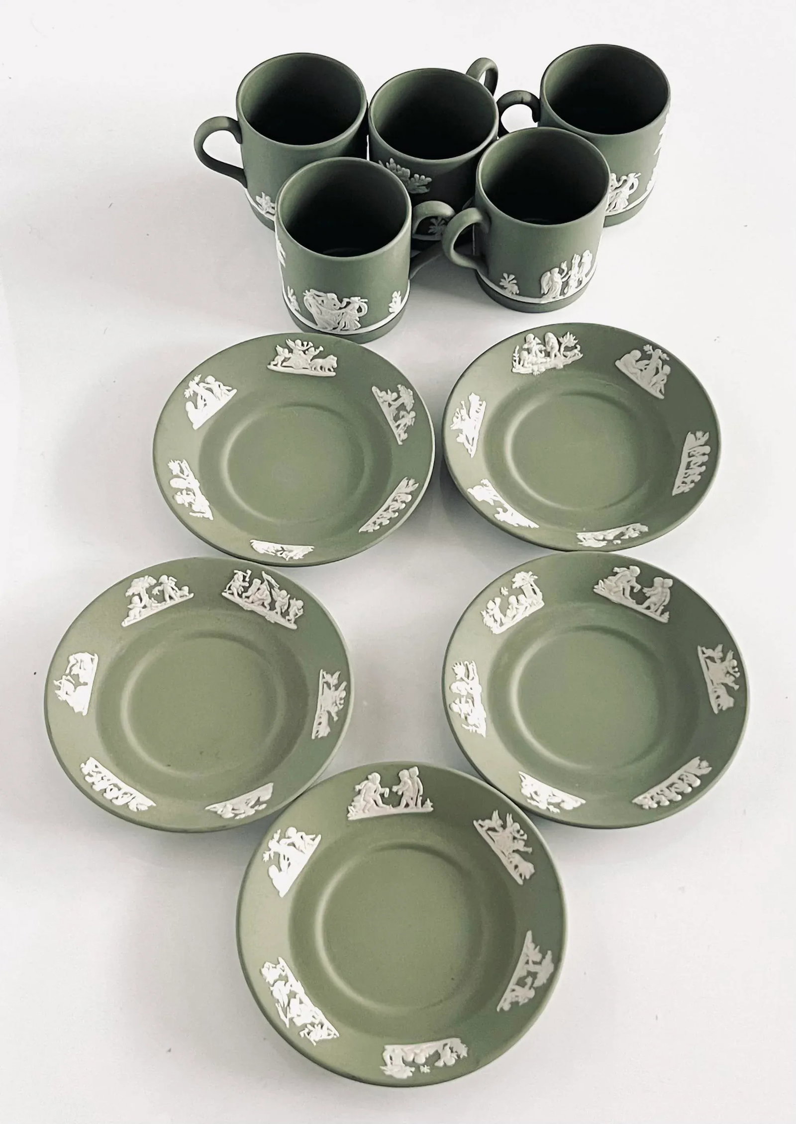 Vintage Wedgwood Sage Green Jasperware Demitasse Espresso Coffee Cups and Saucers for 5 Servings, Se - 7